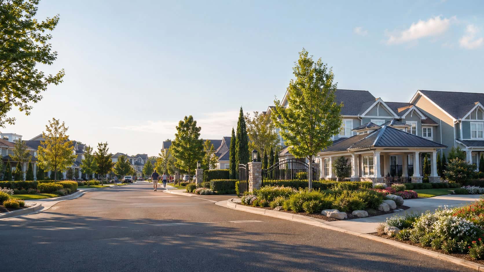 Tree lined HOA neighborhood street with homes and community landscaping